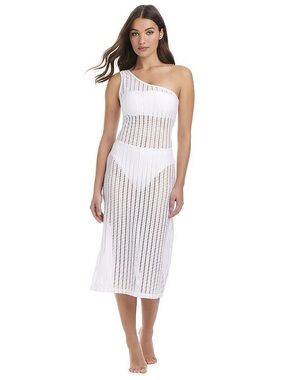Asymmetric One-Shoulder Crochet Midi Swim Coverup - White